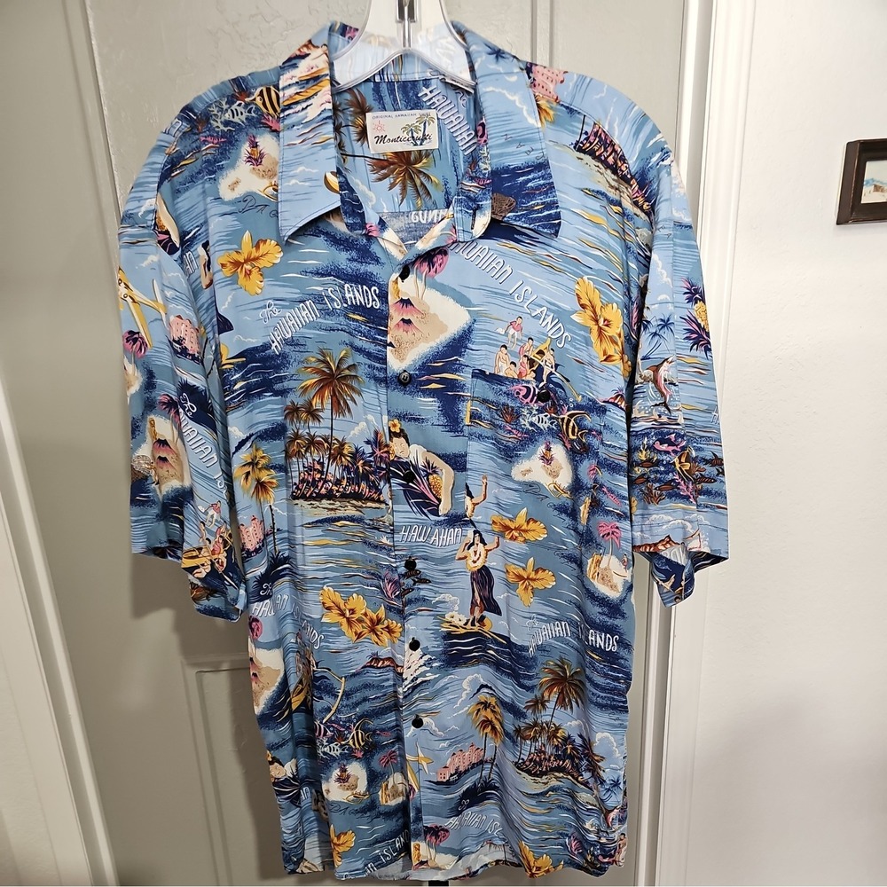 Monticerutti Hawaiian Aloha Shirt Mens XL Blue Tropical Island Rayon Made Korea